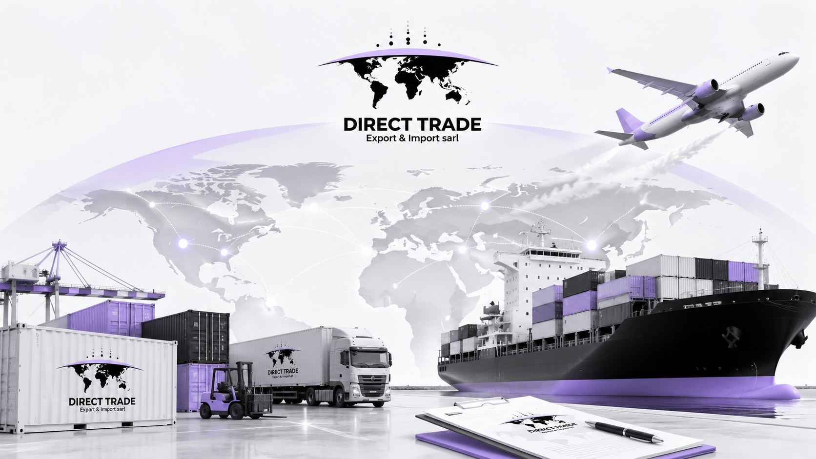 Port à conteneurs, camion et avion cargo