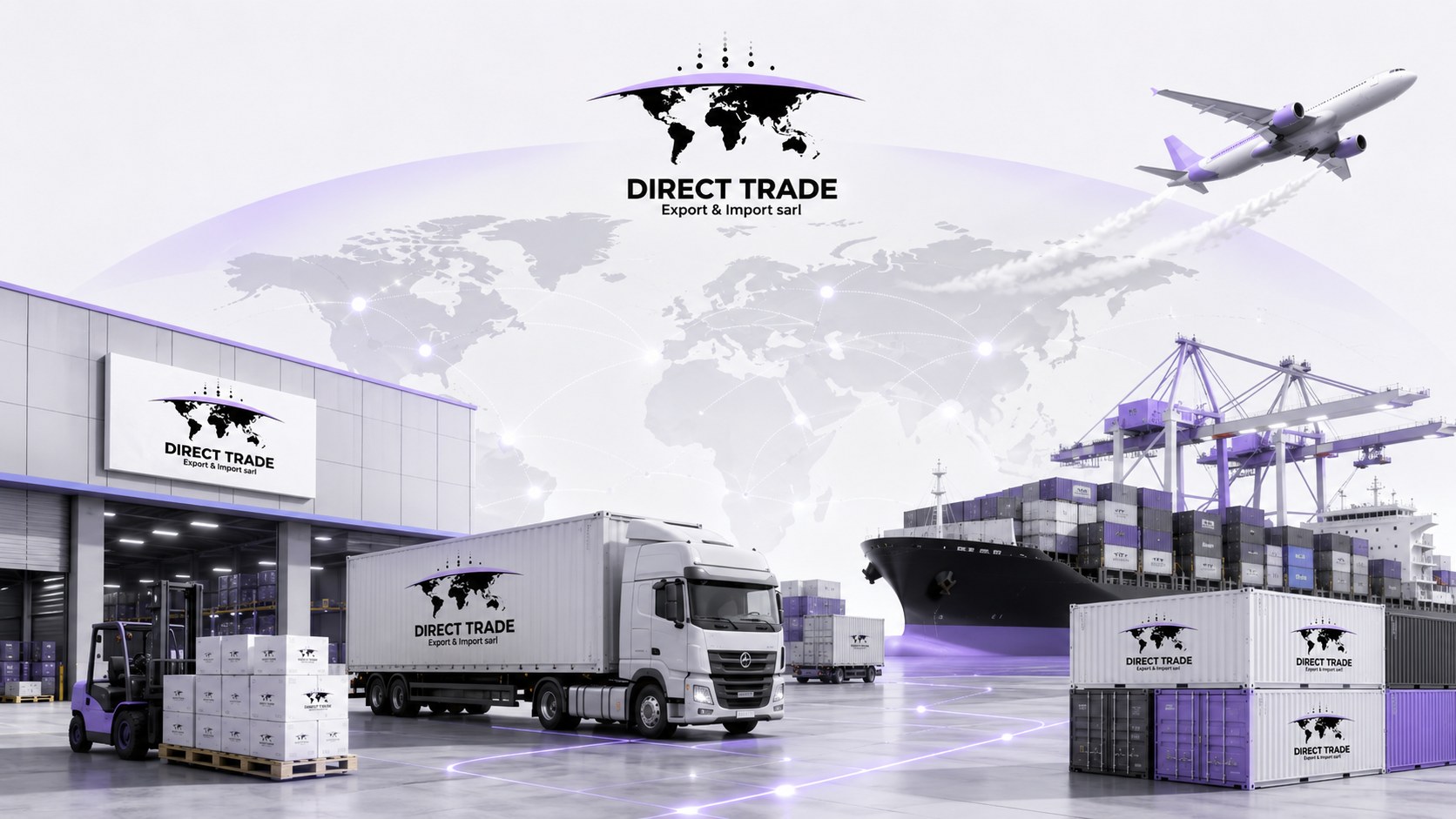 Entrepôt, camion, port à conteneurs et avion cargo
